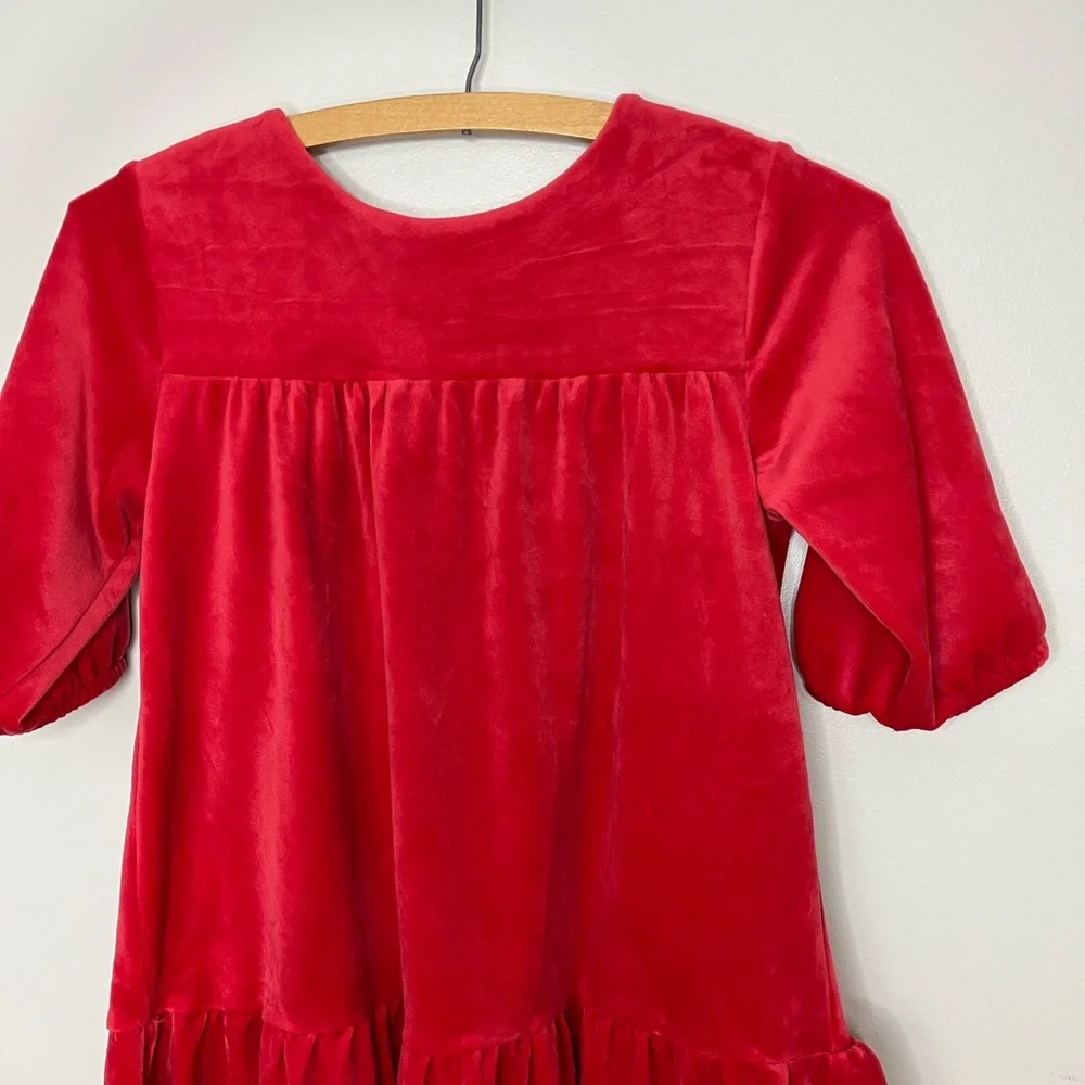 Hanna Andersson Red Short Sleeve Velour Tiered Dress Size 150 (12)